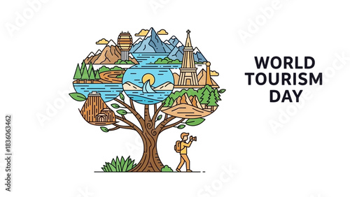 World Tourism Day illustration with tree and various travel destinations, promoting global tourism.