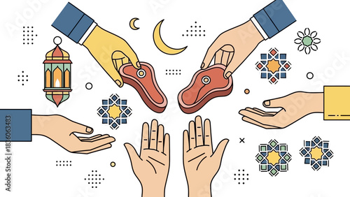Illustration of hands exchanging meat, with Ramadan and Eid symbols.