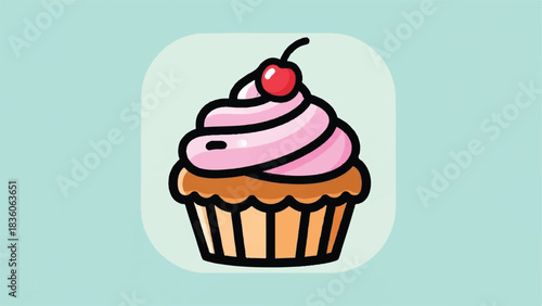 Cute cartoon cupcake with pink frosting and cherry on top.
