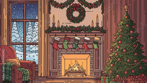 Cozy Christmas living room with fireplace, tree, and snowy window view.