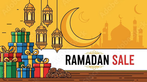 Ramadan Sale illustration with gifts, lanterns, dates, and a crescent moon against a yellow background with a mosque silhouette.