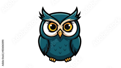 Cute cartoon owl with big eyes and sharp ears looking forward.