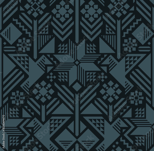 DARK TURQUOISE SEAMLESS VECTOR ABSTRACT GEOMETRIC BACKGROUND WITH LIGHT TURQUOISE STYLIZED PATCHWORK BIRDS AND FLOWERS