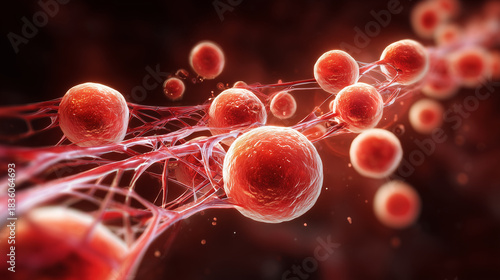 Red Blood Cells Moving Through Blood Vessel Network in High Detail for Medical Illustration