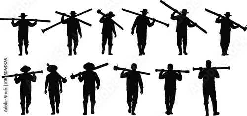 Pipe, carry, silhouette, posture, gesture, shoulder, walk, terrain, hat, uniform, labor, rural, tool, equipment, traditional, procession, setup, vector, black, pose, flavector