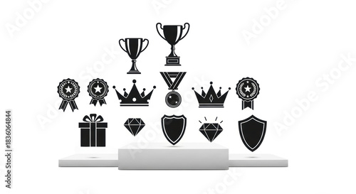 Sleek black silhouette icons (trophies, medals, badges, crown, gift, shield, diamond, stars) on a modern podium, transparent background, soft studio light, copy space, concept of achievement and