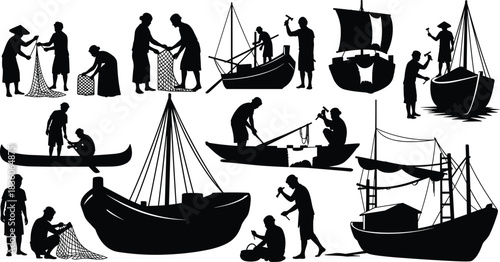 Fishing, boat, silhouette, posture, gesture, paddle, net, repair, sail, vessel, canoe, rural, labor, traditional, maritime, tool, water, setup, vector, black, pose, flavector