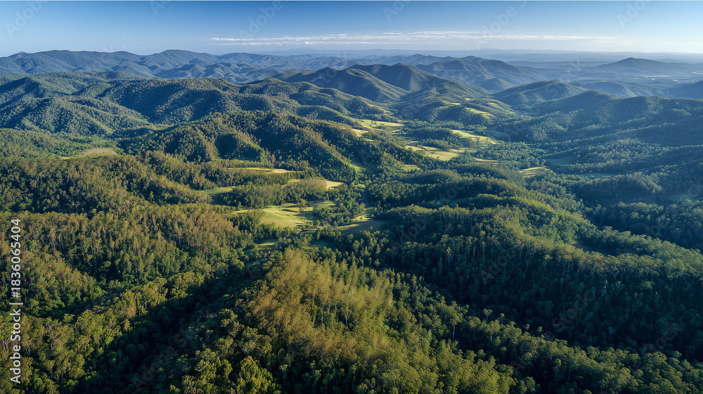 Fototapeta premium Aerial View Of Vast Forested Mountains And Lush Valleys From Above