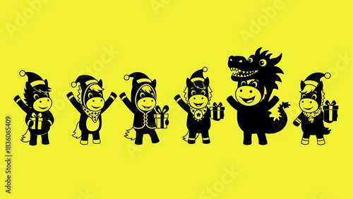 A charming collection of whimsical characters in festive animal and dragon costumes for the holidays