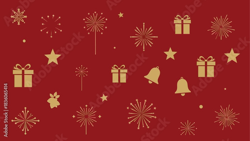 Festive Holiday Season Celebration Background with Stars, Gifts, Bells, and Fireworks