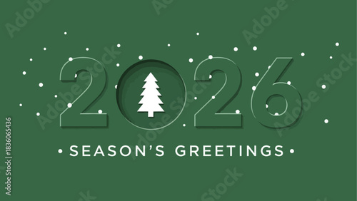 Festive 2026 Season's Greetings with Evergreen Tree and Winter Snowflakes Design