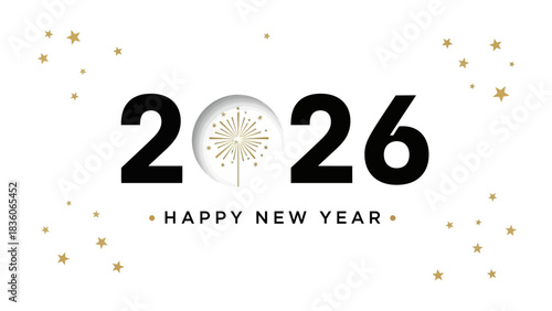 Clean and modern Happy New Year 2026 banner design with a stylized golden firework