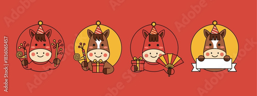 Festive Horse Icons Celebration of Fun and Joy with Adorable Cartoon Animal Characters