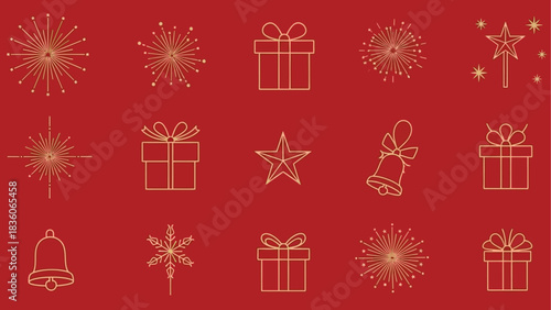 Luminous Golden Line Art Icons Set for Festive Christmas and New Year Celebrations on Red