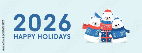 A cheerful family of polar bears in festive winter clothing celebrating the 2026 holiday season
