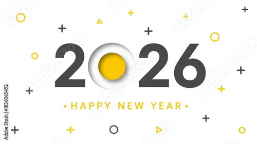 Happy New Year 2026 Celebration Modern Design with Festive Elements and Geometric Accents