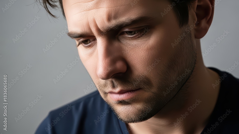 Obraz premium Pensive young adult male in thoughtful mood with furrowed brow