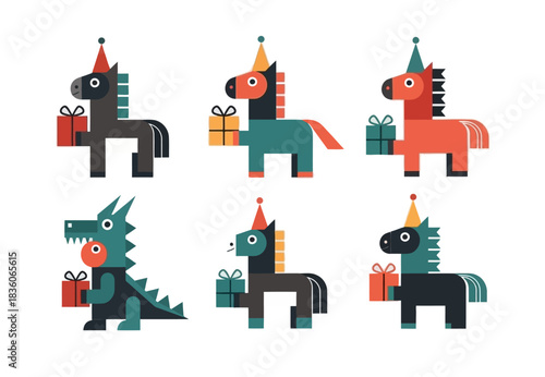 Festive Celebration Animals in Party Hats with Gifts Vector Illustrations