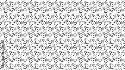 Seamless pattern showing black and white clocks with arrows and curved lines on a white background