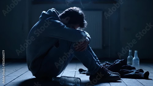 Man sits on floor hugging knees. Man shows sadness and despair. Empty bottle lies beside him and alcohol bottles stand nearby. Scene evokes loneliness and depression. Addiction intoxication concept.