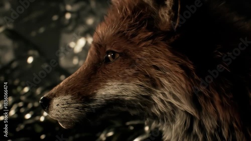 Close up of a red fox in a forest environment with soft lighting