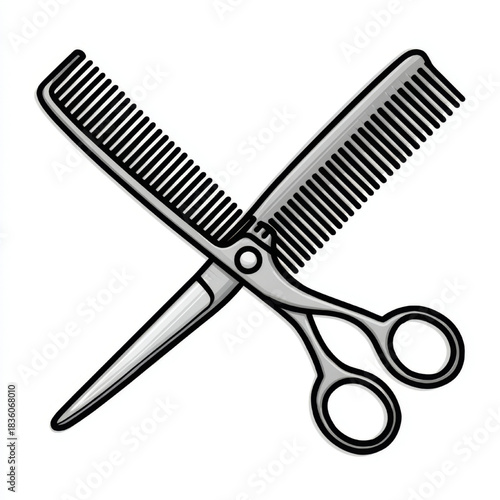 Scissors and comb icon, black and gray, representing a hairdresser or barbershop, sticker style