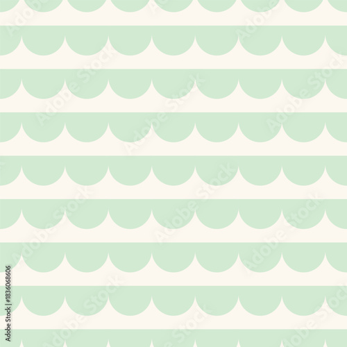 Simple and cute scallop stripes forming a minimalist geometric pattern in colors of mint green on beige background. Abstract seamless vector pattern. Great for home decor, fabric, wallpaper, gift wrap
