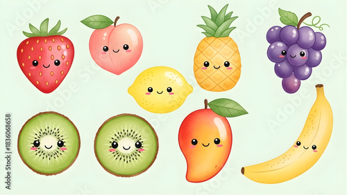Cute Cartoon Fruits Strawberry, Peach, Pineapple, Grape, Lemon, Kiwi, Mango, Banana