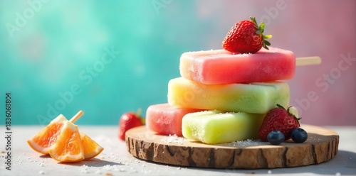 A vibrant and refreshing stack of fruit popsicles and citrus slices, perfect for a warm sunny day, promises cool enjoyment
