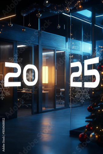 Modern Corporate Office Interior with 2025 New Year Sign on Glass Walls and Christmas Decorations