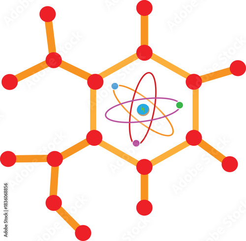 Abstract illustration of a complex chemical molecular structure with a stylized atom diagram at the center, representing science and chemistry concepts