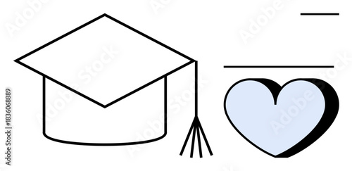 Education, learning, academic achievement, student success, passion, personal growth. Black graduation cap and light blue heart symbol. Education and learning concept