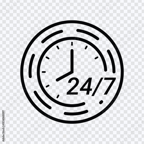 24/7 Clock Line Icon Vector – Continuous Service Time Symbol