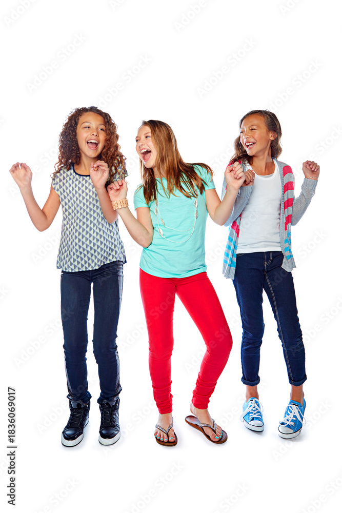 Fototapeta premium Happy, kids and friends in studio with singing for fun, bonding together and music entertainment. Girls, laugh and dance with favorite album for popular song, connection or space on white background.