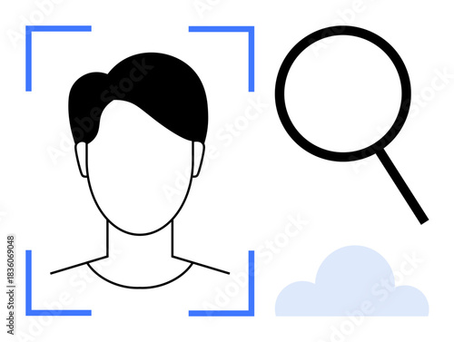 Stylized face inside a scanning frame, magnifying lens, and cloud element. Ideal for biometrics, AI technology, privacy, data analysis, cybersecurity, digital identity and innovation concepts