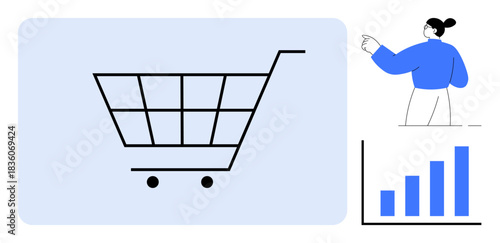 E-commerce, retail analytics, market trends, digital shopping, consumer behavior, business growth. Shopping cart with a bar chart and a person pointing. E-commerce and retail analytics concept