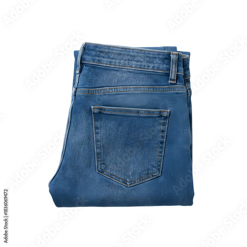 Folded blue denim jeans on a white background with detailed texture
