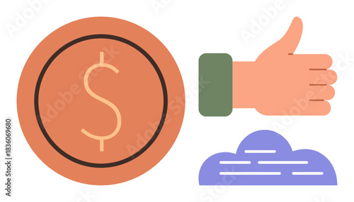 Dollar coin, thumbs-up, and cloud symbols emphasize financial prosperity, approval, and cloud-based efficiency. Ideal for business, finance, success, feedback technology approval savings simple