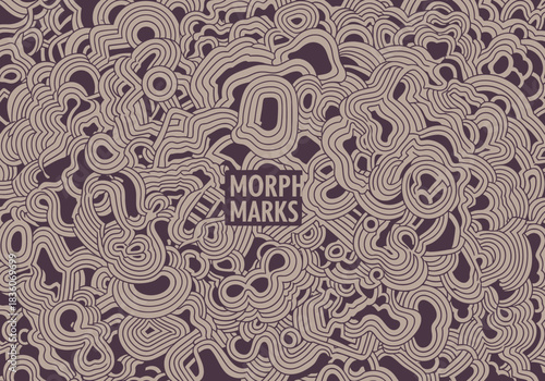 Abstract pattern of beige contour lines overlaying a dark purple background with centered text