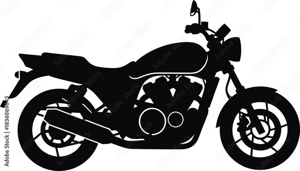 Obraz premium Black Silhouette of a Cafe Racer Motorcycle with Detailed Wheels and Engine on a White Background vector