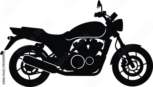 Black Silhouette of a Cafe Racer Motorcycle with Detailed Wheels and Engine on a White Background vector