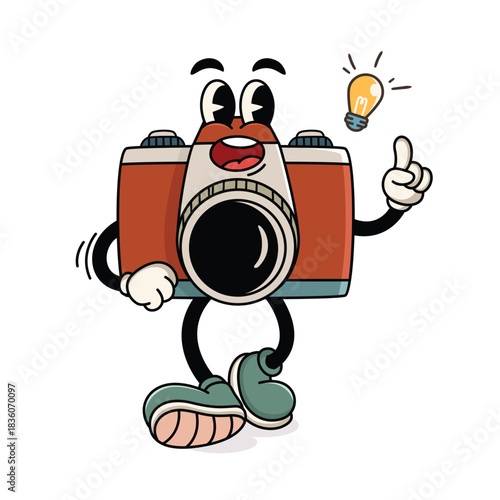 Retro Cartoon Camera Mascot with Idea Light Bulb