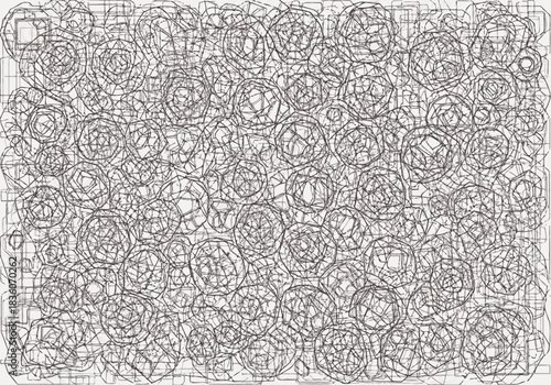 Dense overlay of overlapping intricate spherical geometric line drawings on white