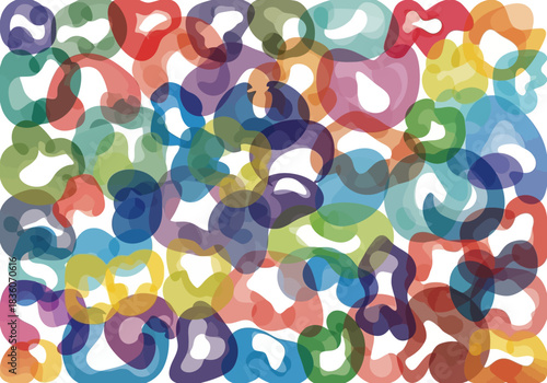 Overlapping translucent abstract shapes in a colorful organic pattern on white