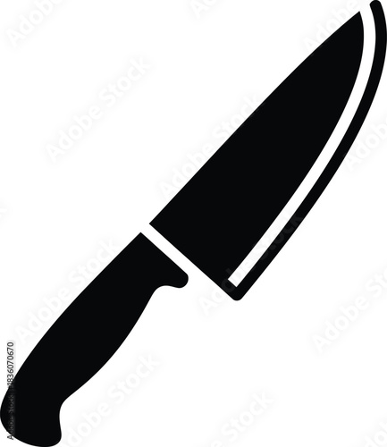 Black silhouette of a kitchen knife with a sharp blade and handle on a white background cooking chef