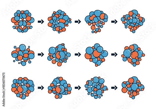 Three rows of sequential diagrams illustrating changes in arrangements of blue and orange circles