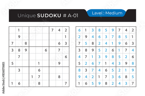 Sudoku puzzle with answer. Vector puzzle game with numbers for kids and adults. 9x9 sudoku Illustration on white background.