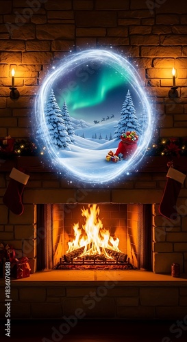 Wallpaper Mural Magical Christmas Fireplace with Northern Lights and Sleigh Scene. Torontodigital.ca
