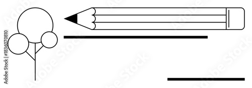 Education, creativity, sketching, learning tools, abstract design, minimalism. Outlined pencil, tree shape and lines in black and white. Creativity and education concepts