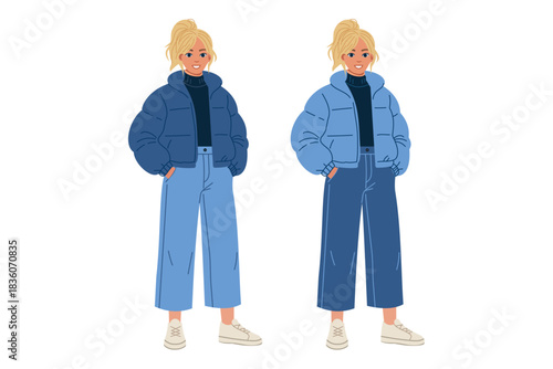 Winter fashion woman standing on white background wearing warm coat hat sweater leggings boots and bag modern cold season outfit character illustration for design use.